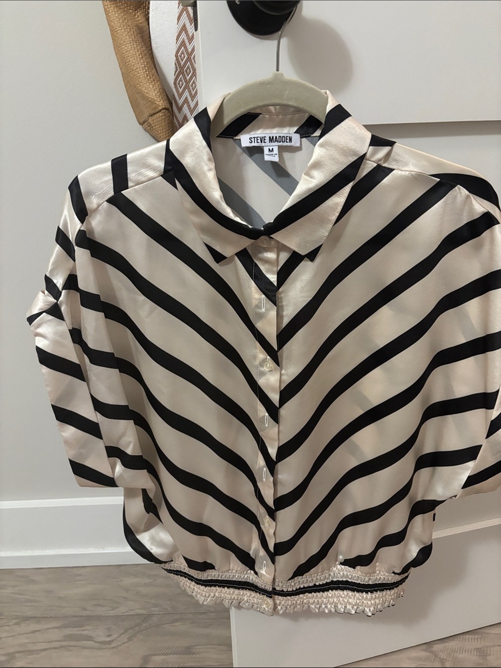 Steve Madden Black and Cream Diagonal Stripe Button-Front Blouse